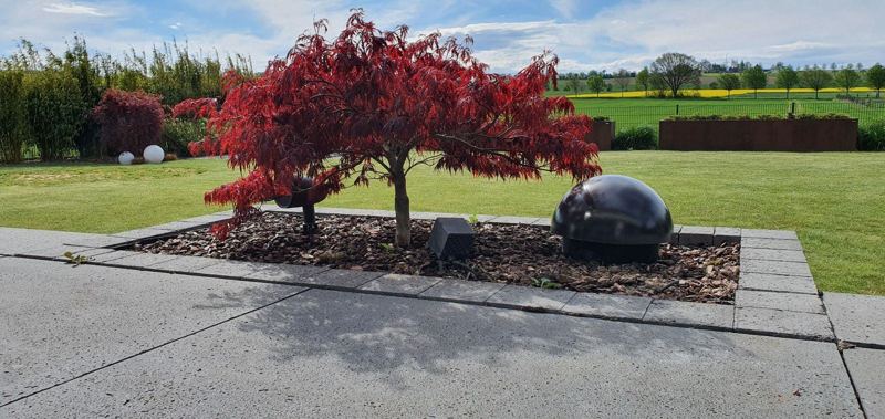 Gartenanlage mit rotem Ahorn und Kuppel-Subwoofer